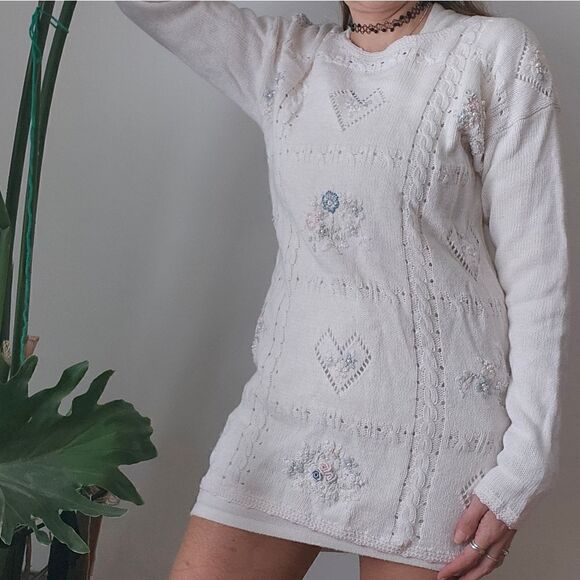 Vintage Cottagecore Sweater Dress Mini Hearts Flowers Embroidered 80s 90s Spring - Picture 2 of 6